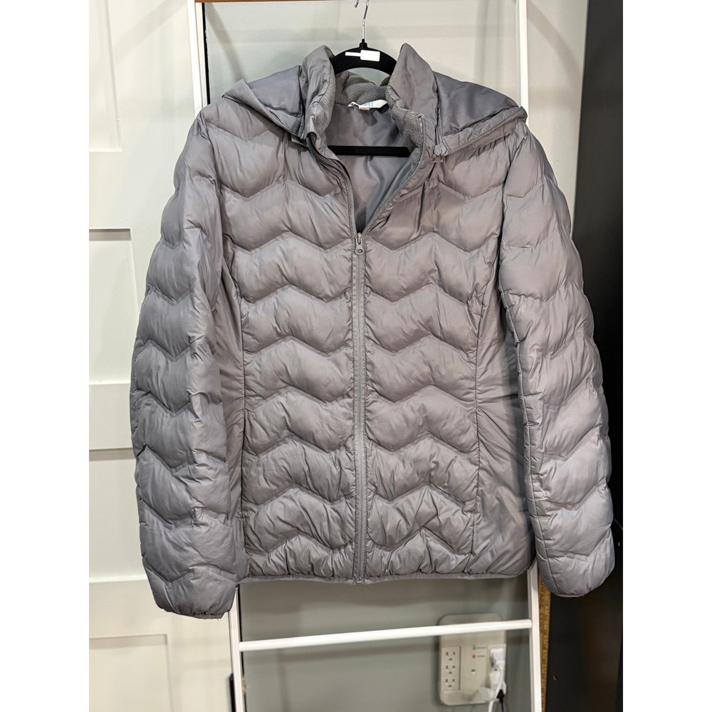 Time and Tru Womens Grey Flannel Chevron Quilted Hooded Puffer Jacket Gorpcore